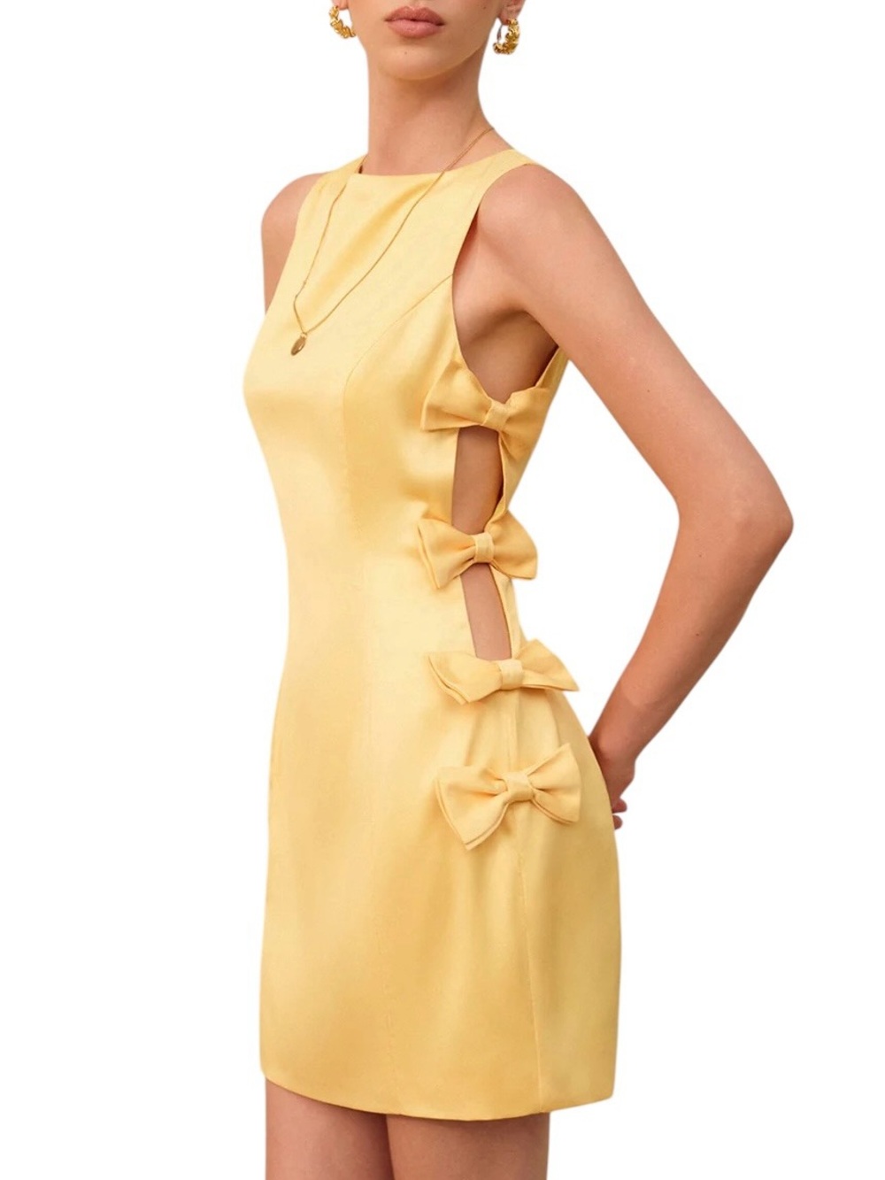 Commense Butter Yellow Bow Cutout Mini Dress Medium NWT Coquette Summer